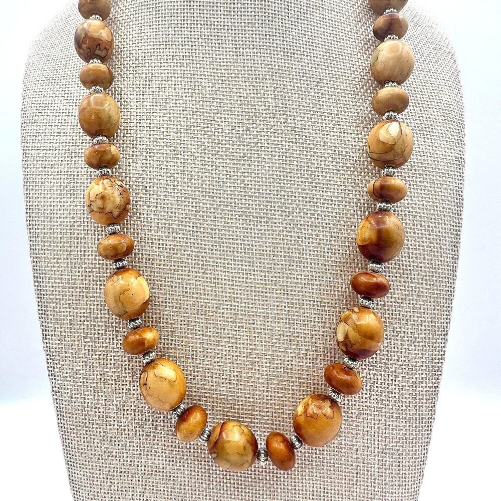 Vintage 70s Butterscotch Jasper Silver Tone Beaded Necklace Statement Jewelry